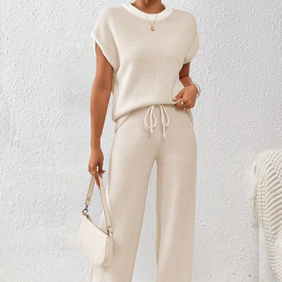 Apricot Casual Women's Loose-Fit Color Block Knitwear Set With Drawstring Hem - Picture 7 of 7